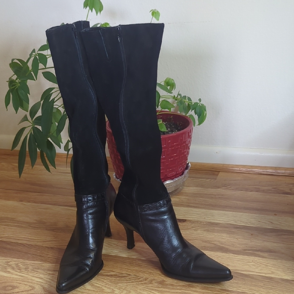 Franco Sarto Black Leather & Suede Tall Boots – Size 9.5M – Made in Brazil